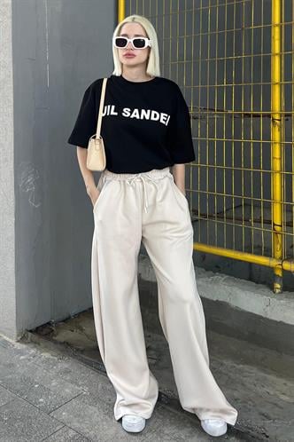 Bej  Ayarlanabilir Bel Bol Paça Rahat Kesim Basic Kadın Eşofman Altı MG2122