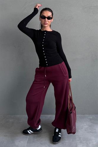 Bordo Geniş Paça Rahat Kalıp Lastikli  Eşofman Altı MG2581