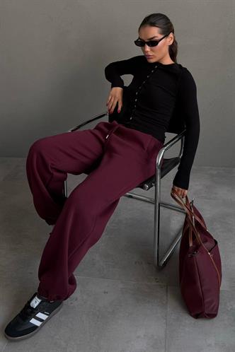 Bordo Geniş Paça Rahat Kalıp Lastikli  Eşofman Altı MG2581