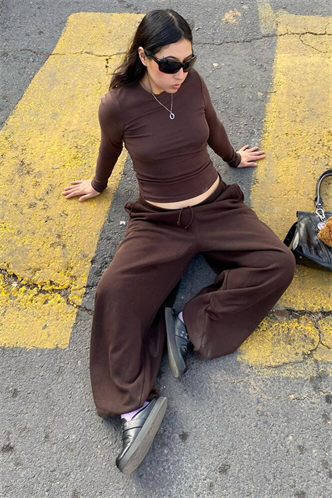 Acı Kahve Stoperli Barrel Fit Şardonlu Kadın Eşofman Altı MG2687