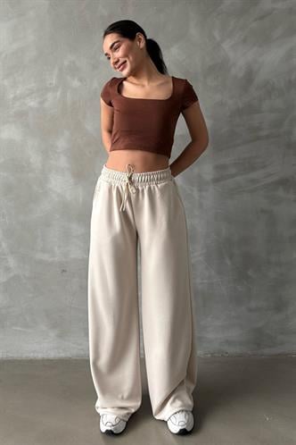 Bej  Ayarlanabilir Bel Bol Paça Rahat Kesim Basic Kadın Eşofman Altı MG2122