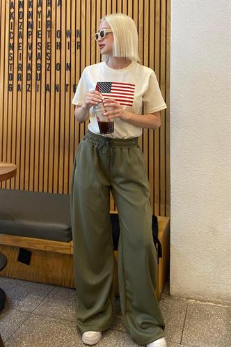 Haki  Ayarlanabilir Bel Bol Paça Rahat Kesim Basic Kadın Eşofman Altı MG2122