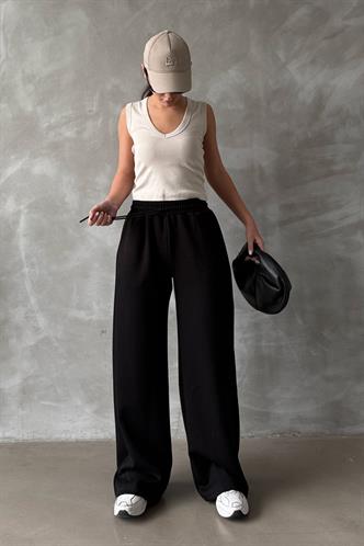 Siyah Ayarlanabilir Bel Bol Paça Rahat Kesim Basic Kadın Eşofman Altı MG2122