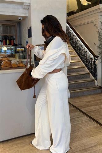 Beyaz Bol Paça Kadın Eşofman Altı MG2279