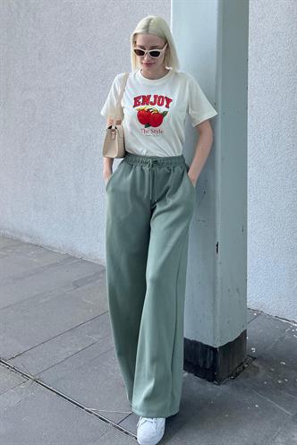 Çağla Yeşili  Ayarlanabilir Bel Bol Paça Rahat Kesim Basic Kadın Eşofman Altı MG2122