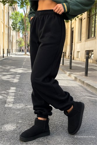 Mad Girls Siyah Paça Lastikli Oversize Kadın Eşofman MG324