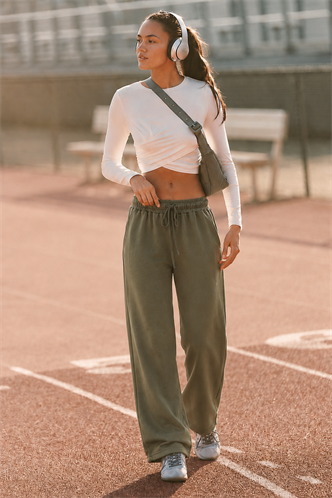 Haki  Ayarlanabilir Bel Bol Paça Rahat Kesim Basic Kadın Eşofman Altı MG2122