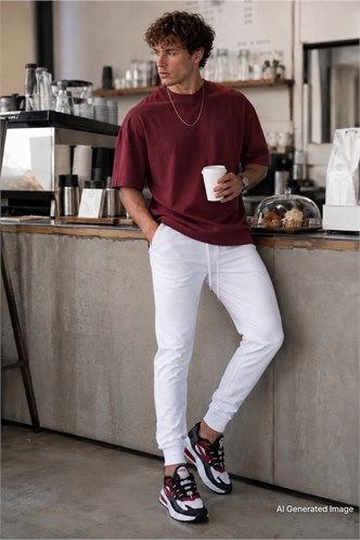 Madmext Men Elastic Bottom White Sweatpants 4821