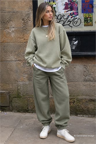 Mad Girls Haki Paça Lastikli Oversize Kadın Eşofman MG324