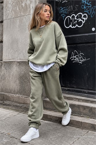 Mad Girls Haki Paça Lastikli Oversize Kadın Eşofman MG324