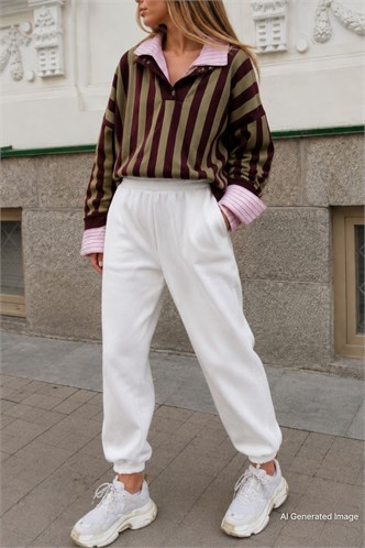 Mad Girls Beyaz Paça Lastikli Oversize Kadın Eşofman MG324