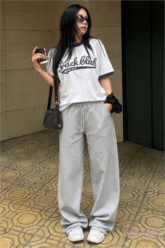 Gri Çizgili Oversize Kadın Pantolon MG1809