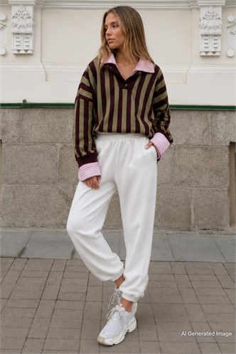Mad Girls Beyaz Paça Lastikli Oversize Kadın Eşofman MG324