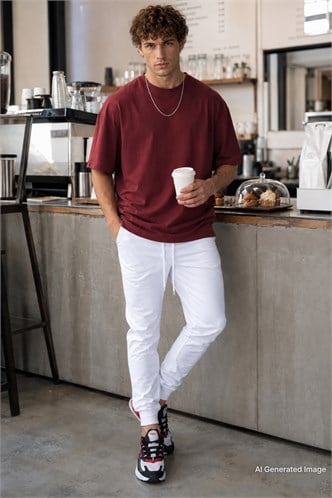 Madmext Men Elastic Bottom White Sweatpants 4821