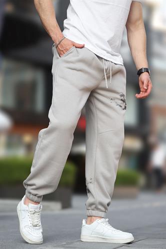 Boyalı Gri Erkek Paçası Lastikli  Cep Detaylı Baskılı Eşofman Altı 6553