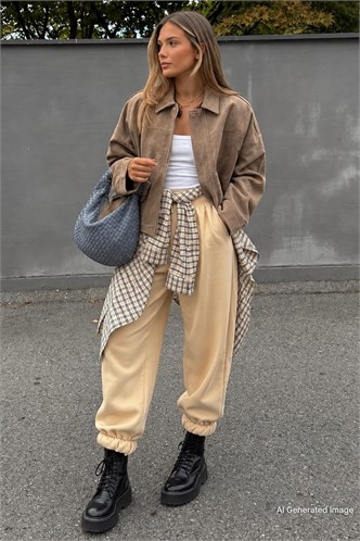 Mad Girls Camel Paça Lastikli Oversize Kadın Eşofman MG324