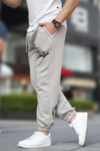 Boyalı Gri Erkek Paçası Lastikli  Cep Detaylı Baskılı Eşofman Altı 6553