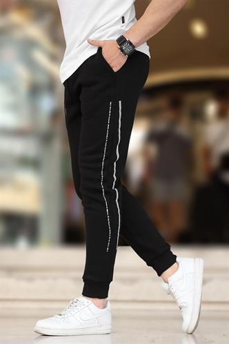 Siyah Erkek Paçası Lastikli Yandan Şeritli  Baskılı Eşofman Altı 6551