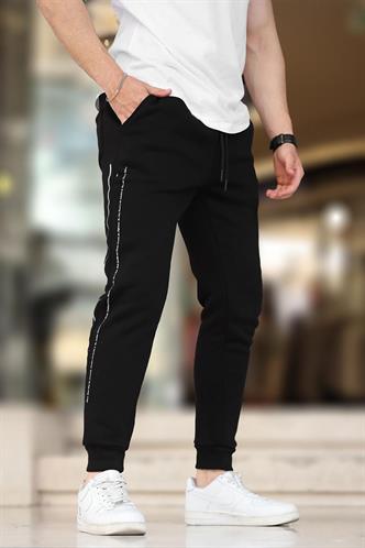 Siyah Erkek Paçası Lastikli Yandan Şeritli  Baskılı Eşofman Altı 6551