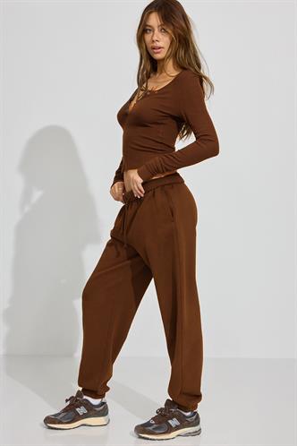 Kahverengi Paçası Manşetli Cepli Kadın Eşofman Altı Mg2540