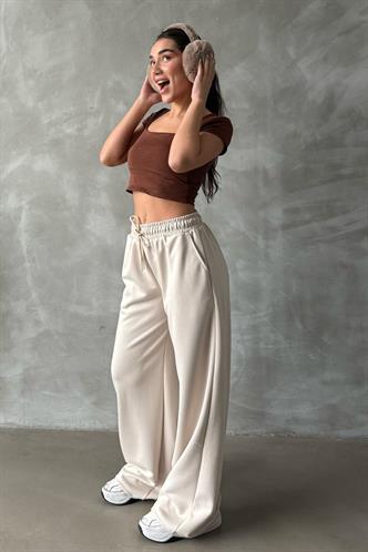 Bej  Ayarlanabilir Bel Bol Paça Rahat Kesim Basic Kadın Eşofman Altı MG2122