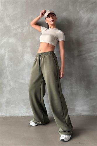 Haki  Ayarlanabilir Bel Bol Paça Rahat Kesim Basic Kadın Eşofman Altı MG2122