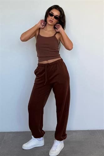 Kahverengi Paçası Manşetli Cepli Kadın Eşofman Altı Mg2540