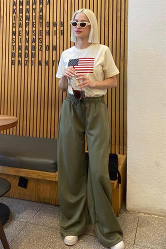 Haki  Ayarlanabilir Bel Bol Paça Rahat Kesim Basic Kadın Eşofman Altı MG2122