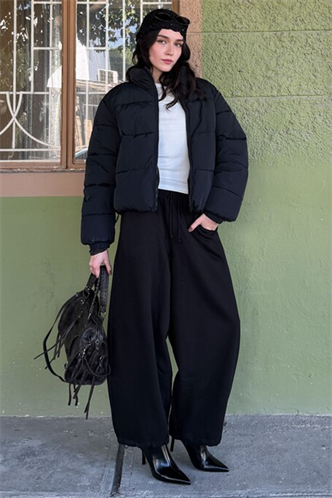 Siyah Stoperli Barrel Fit Şardonlu Kadın Eşofman Altı MG2687