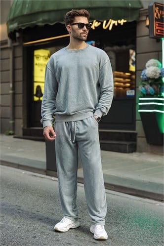Gri Yıkamalı Bisiklet Yaka Regular Fit Erkek Sweat Eşofman Takım E7369