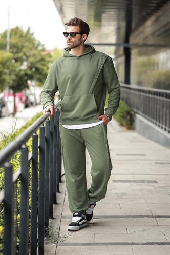 Haki Kapüşonlu Kanguru Cep Erkek Eşofman Takımı E7325