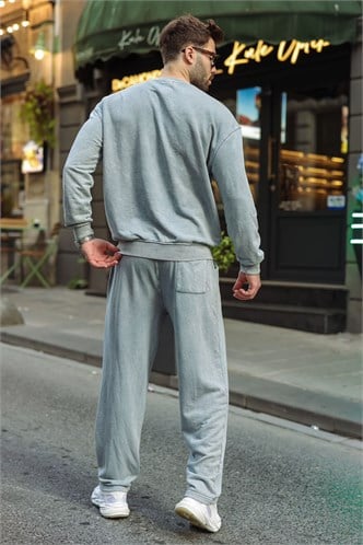 Gri Yıkamalı Bisiklet Yaka Regular Fit Erkek Sweat Eşofman Takım E7369