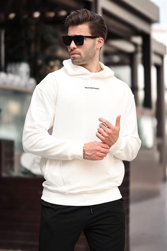Ekru Kapüşonlu Cep Detaylı Nakışlı Erkek Sweatshirt 7050