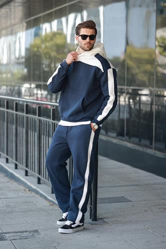 Lacivert Kapüşonlu Şerit Detaylı Erkek Eşofman Takımı E7326