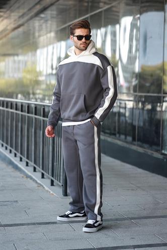 Füme Kapüşonlu Şerit Detaylı Erkek Eşofman Takımı E7326