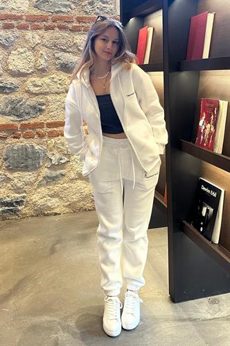 Ekru Kapüşonlu Fermuarlı Eşofman Takımı MG2227