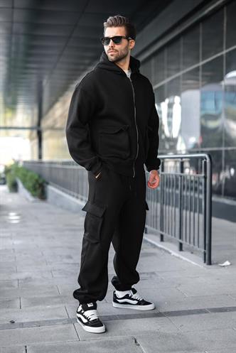 Siyah Kapüşonlu Kargo Cepli Erkek Eşofman Takımı E7342
