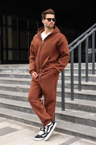 Acı Kahverengi Çift Fermuarlı Kapüşonlu Eşofman Takımı E7345