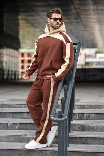 Acı Kahverengi Kapüşonlu Şerit Detaylı Erkek Eşofman Takımı E7326