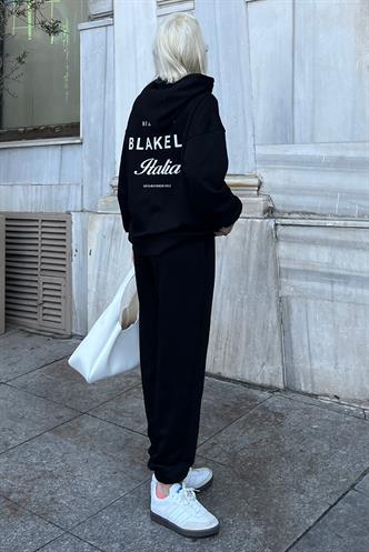 Siyah Kapüşonlu Baskılı Kadın Eşofman Takımı MG2187