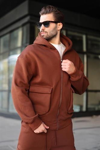 Acı Kahverengi Kapüşonlu Kargo Cepli Erkek Eşofman Takımı E7342