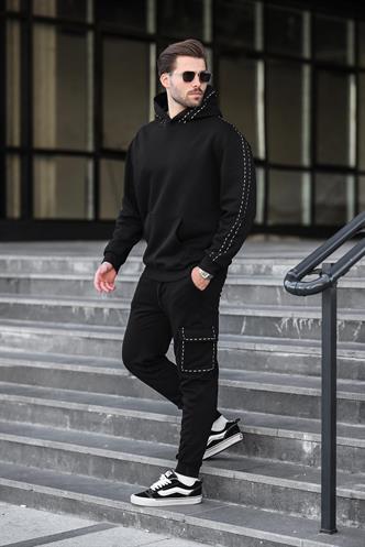 Siyah Erkek Kapüşonlu Paçası Lastikli Eşofman Takımı 5957