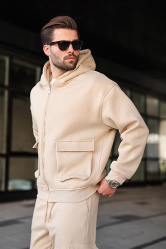 Bej Kapüşonlu Kargo Cepli Erkek Eşofman Takımı E7342
