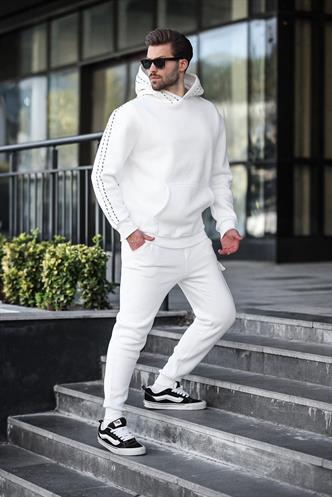 Ekru Erkek Kapüşonlu Paçası Lastikli Eşofman Takımı 5957
