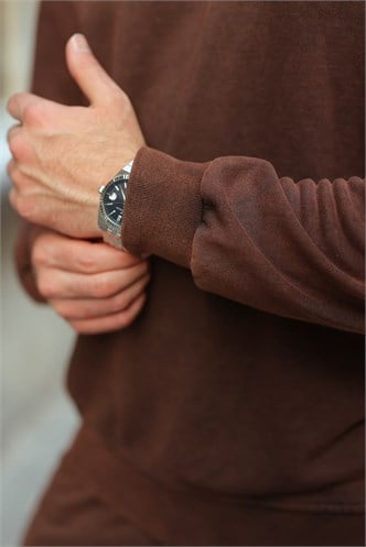 Kahverengi Yıkamalı Bisiklet Yaka Regular Fit Erkek Sweat Eşofman Takım E7369