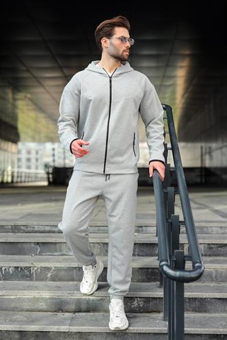Gri Erkek Kapüşonlu Fermuarlı Erkek Eşofman Takımı E7343