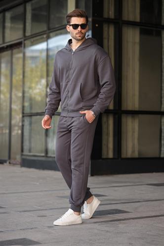 Füme Kapüşonlu Fermuarlı Basic Erkek Eşofman Takımı E7331