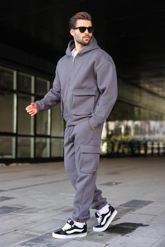 Füme Kapüşonlu Kargo Cepli Erkek Eşofman Takımı E7342