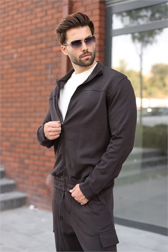 Acı Kahve Dik Yaka Kargo Cepli Erkek Eşofman Takımı E7370