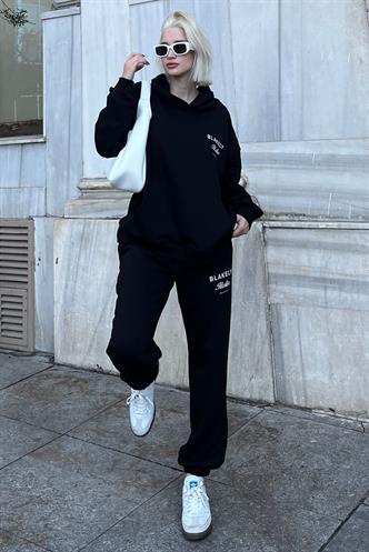 Siyah Kapüşonlu Baskılı Kadın Eşofman Takımı MG2187